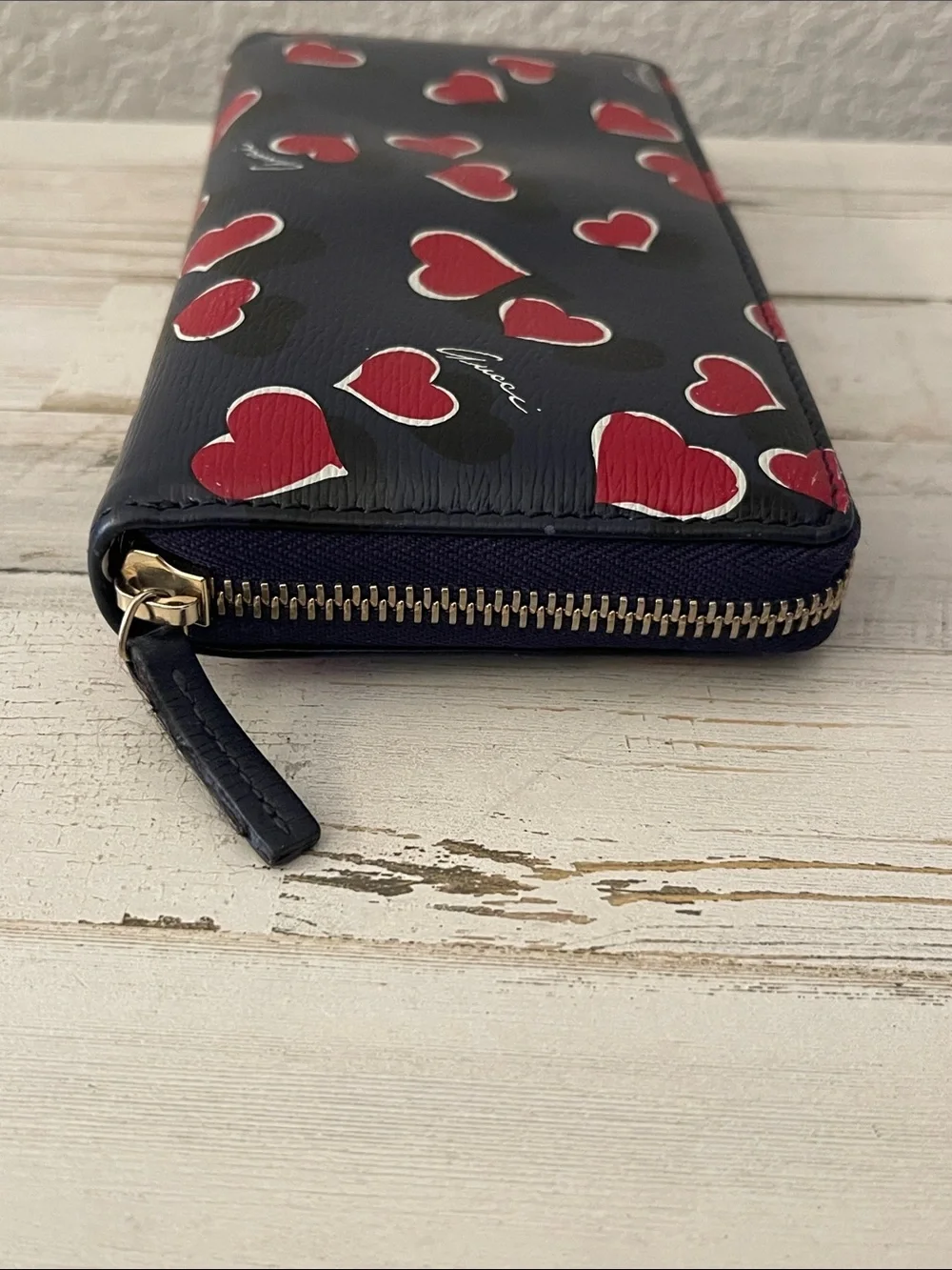 Gucci Betty Heart Print Zip Around Continental Wallet Navy Leather